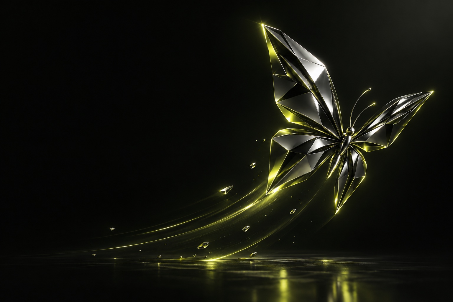 Chrome butterfly lifting off in a trail of light